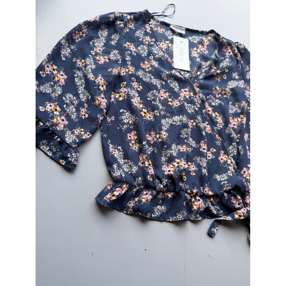 Sienna sky blue Floral V-Neck cropped top Blouse chiffon wrap style  A12